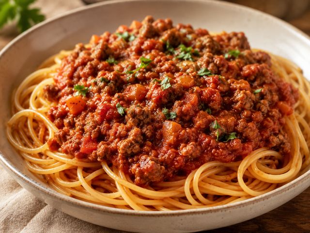 Spaghetti Bolognese with red gold concentrate