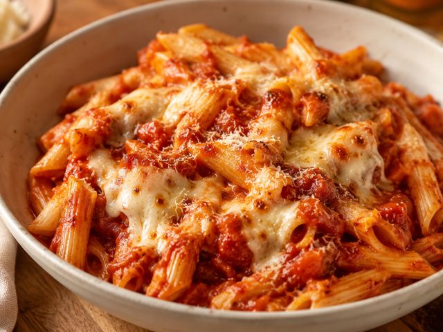 Cheesy tomato pasta. Red-Gold-How-to dishes