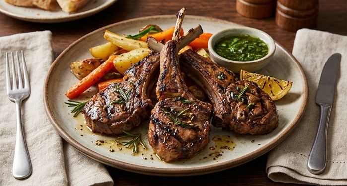 Grilled lamb chops served with roasted vegetables