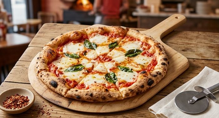 Margherita-style pizza with tomato sauce and melted cheese