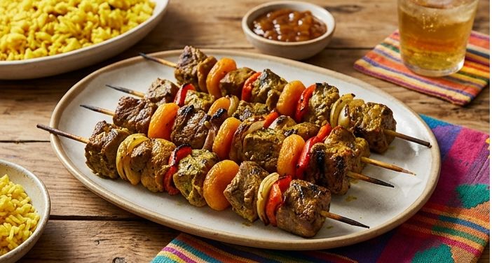South African beef sosaties with peppers and dried apricots