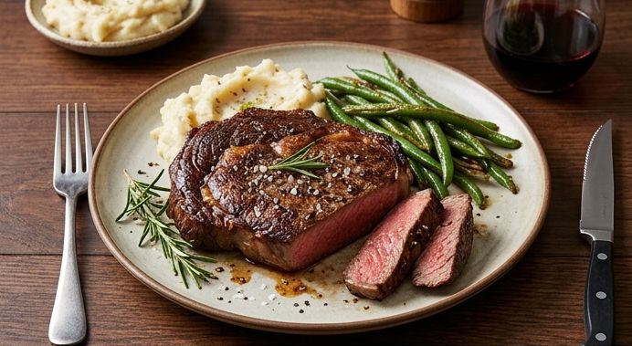 Grilled steak served with mashed potato and green beans